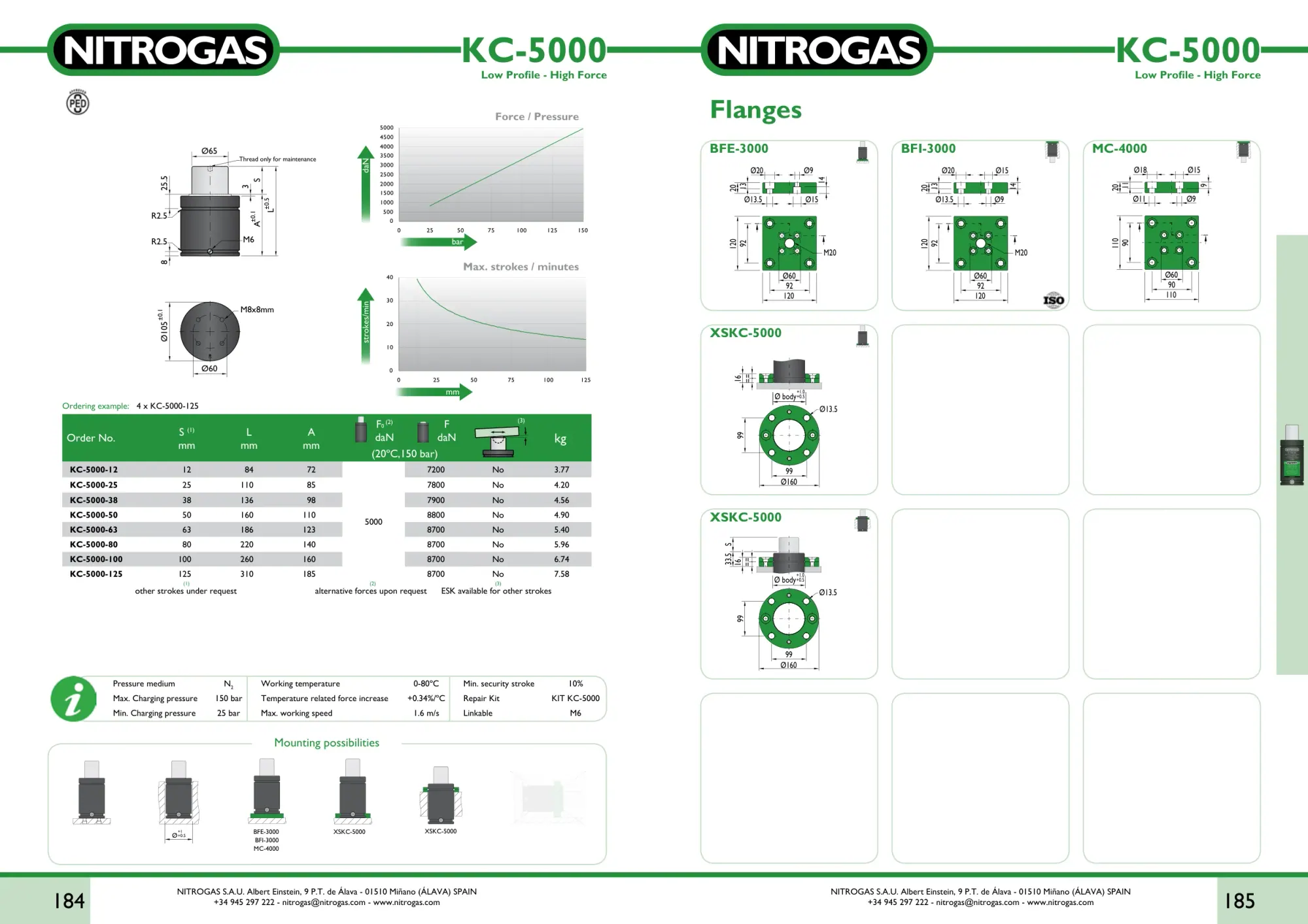 Karta katalogowa NITROGAS KC-5000 - rysunek techniczny, krzywa siły i tabela wariantów