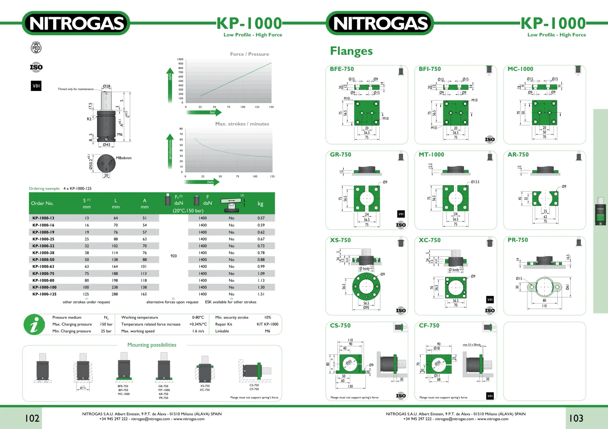Karta katalogowa NITROGAS KP-1000 - rysunek techniczny, krzywa siły i tabela wariantów