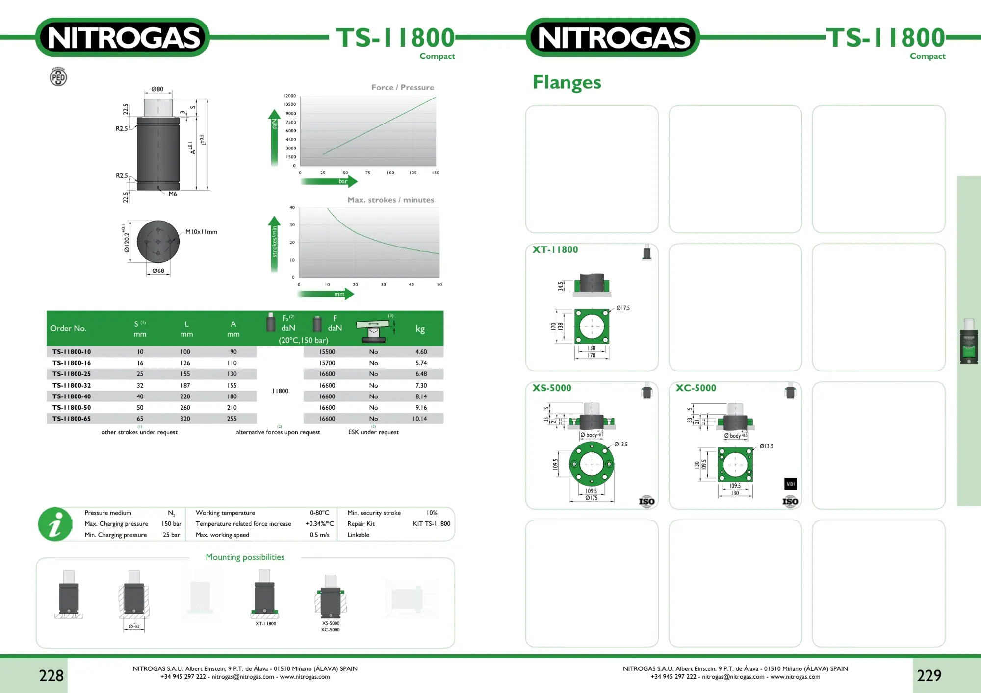 Karta katalogowa NITROGAS TS-11800 - rysunek techniczny, krzywa siły i tabela wariantów