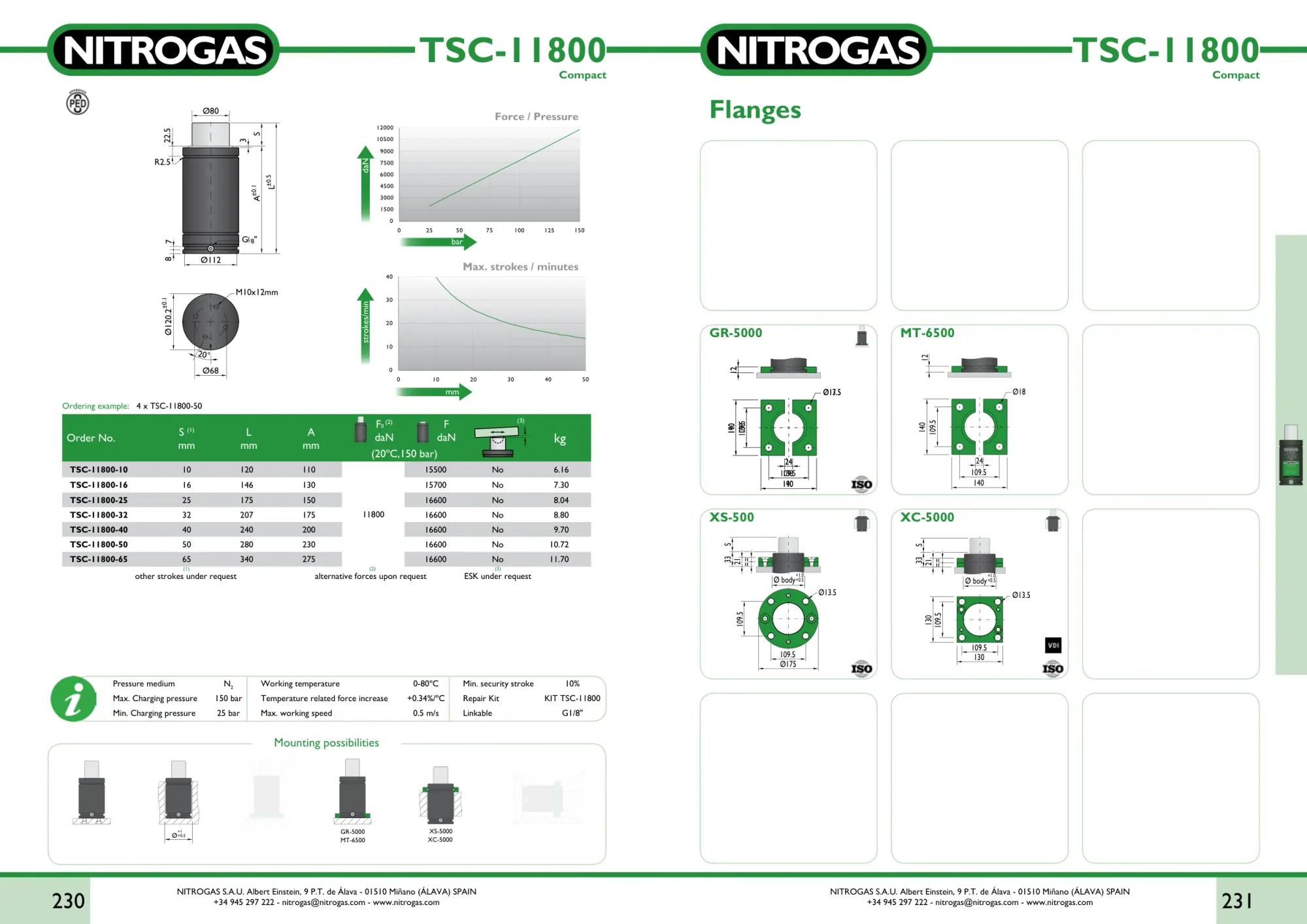 Karta katalogowa NITROGAS TSC-11800 - rysunek techniczny, krzywa siły i tabela wariantów